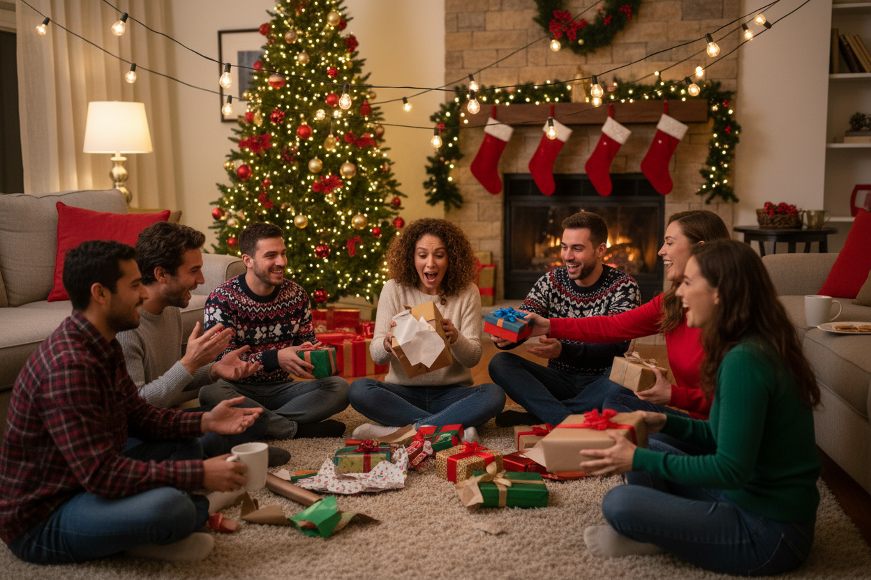 un grupo de amigos en una white elephant party